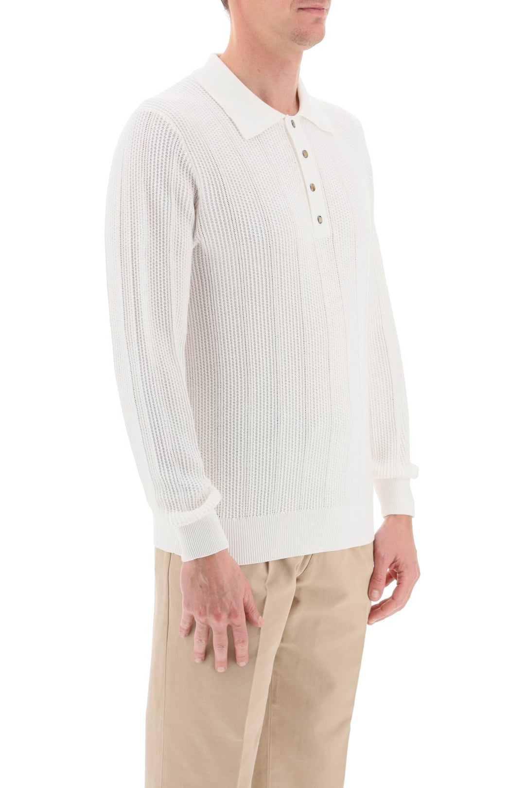 Brunello Cucinelli Long Sleeved Knitted Polo Shirt   Bianco