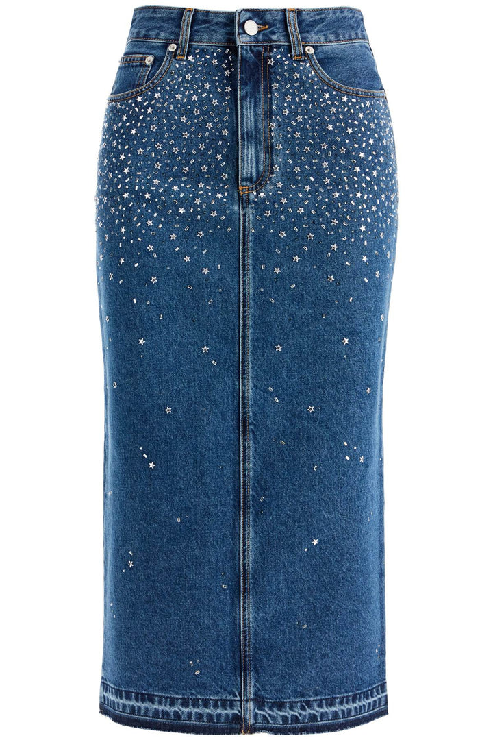 Alessandra Rich denim Midi Skirt With Rhinestones  Blue