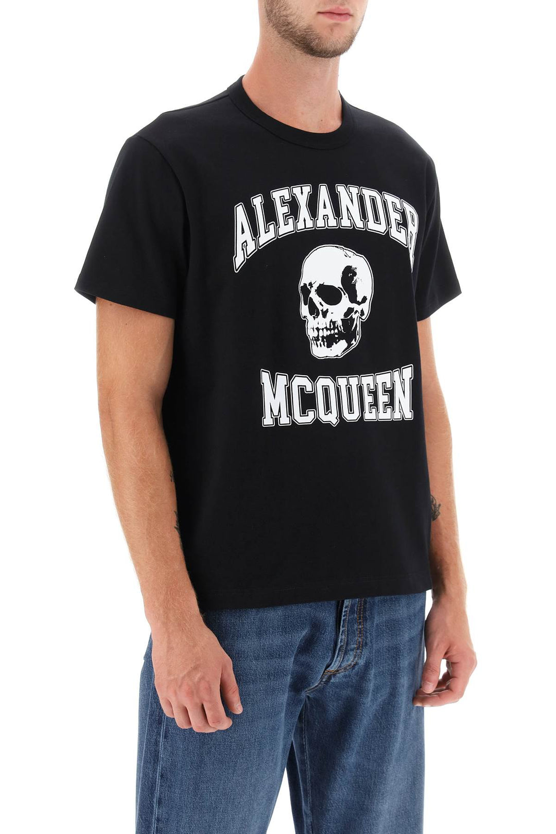 Alexander Mcqueen T Shirt With Varsity Logo And Skull Print   Nero