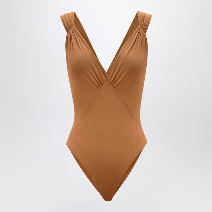 Saint Laurent Brown silk-blend crossover bodysuit