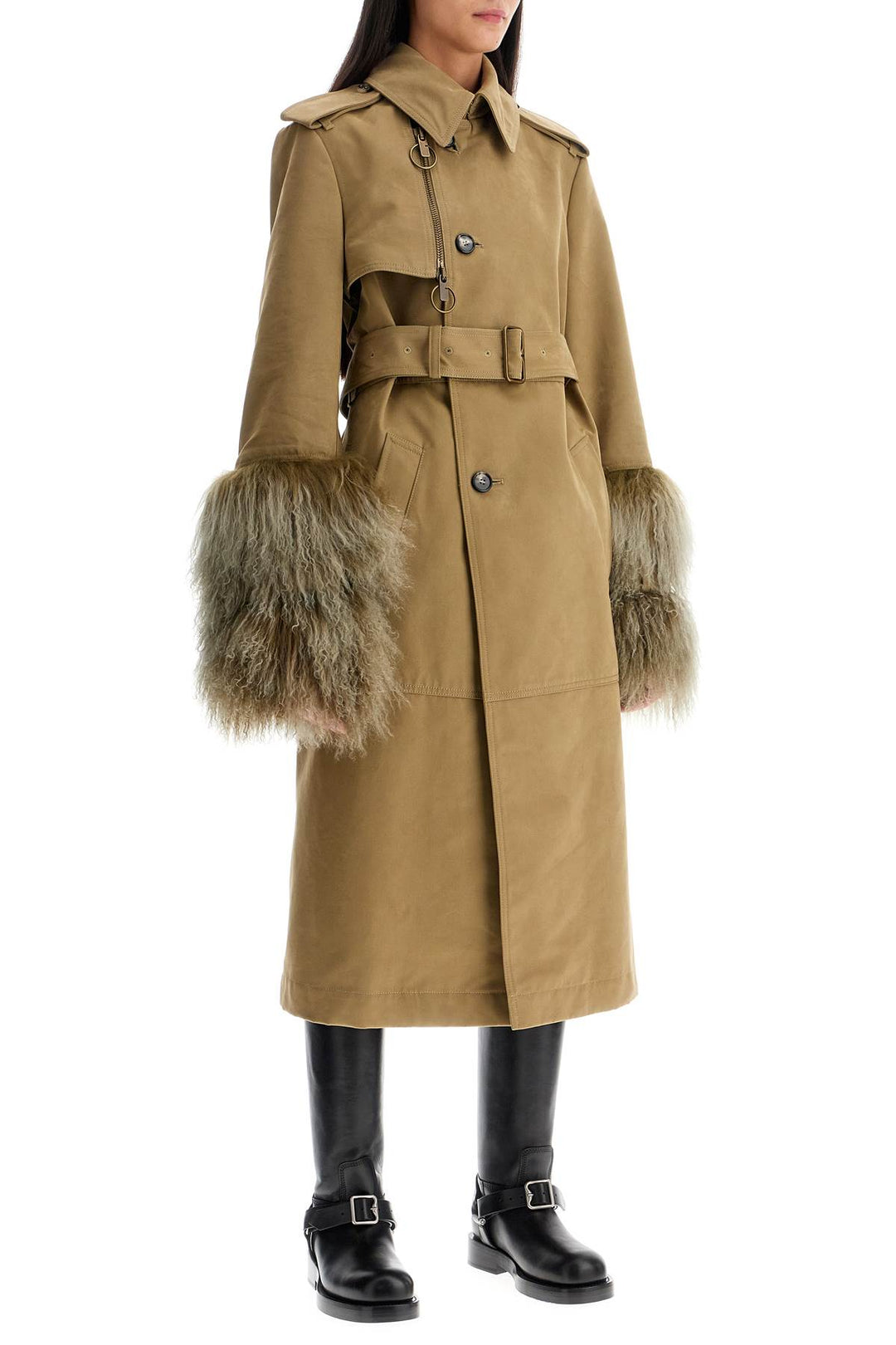 Burberry long trench coat with shearling cuffs