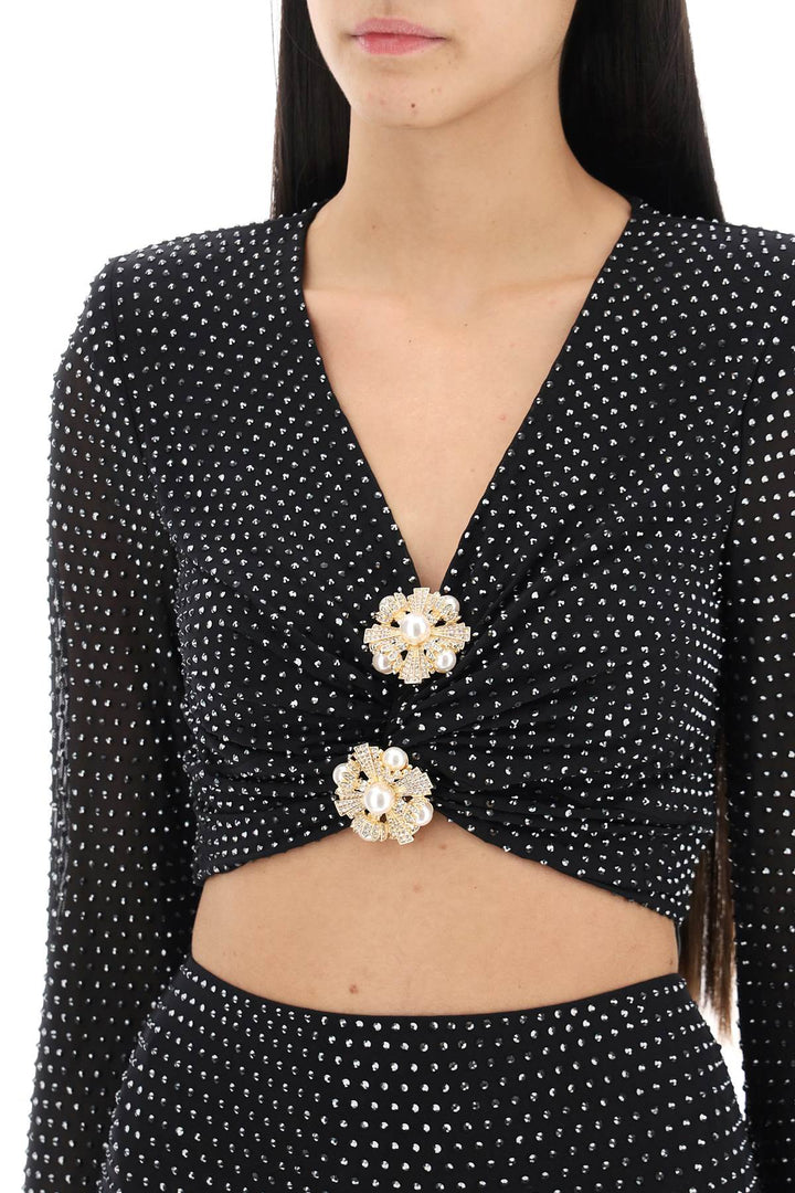Self Portrait Rhinestone Studded Cropped Top With Diamanté Brooches   Nero