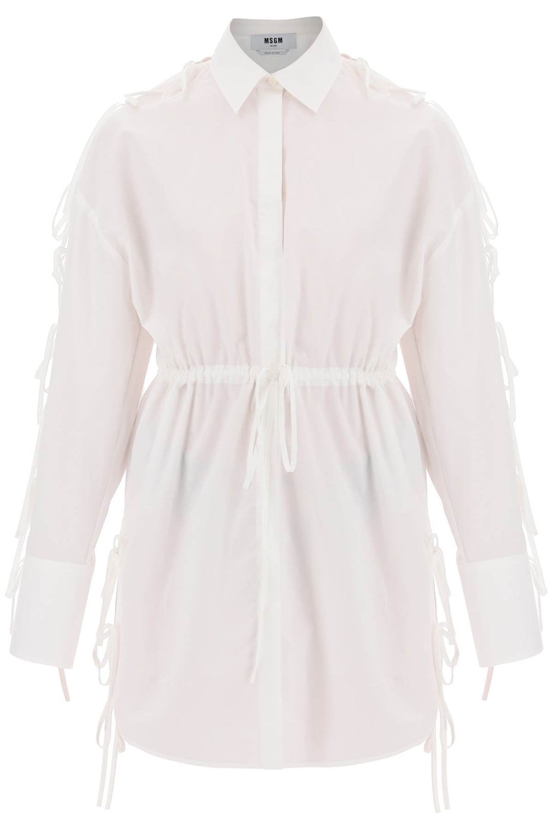 Msgm Mini Shirt Dress With Cut Outs And Bows   Bianco