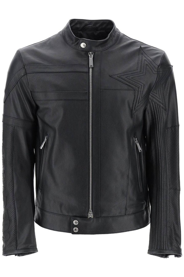 Dsquared2 Leather Biker Jacket With Contrasting Lettering   Nero