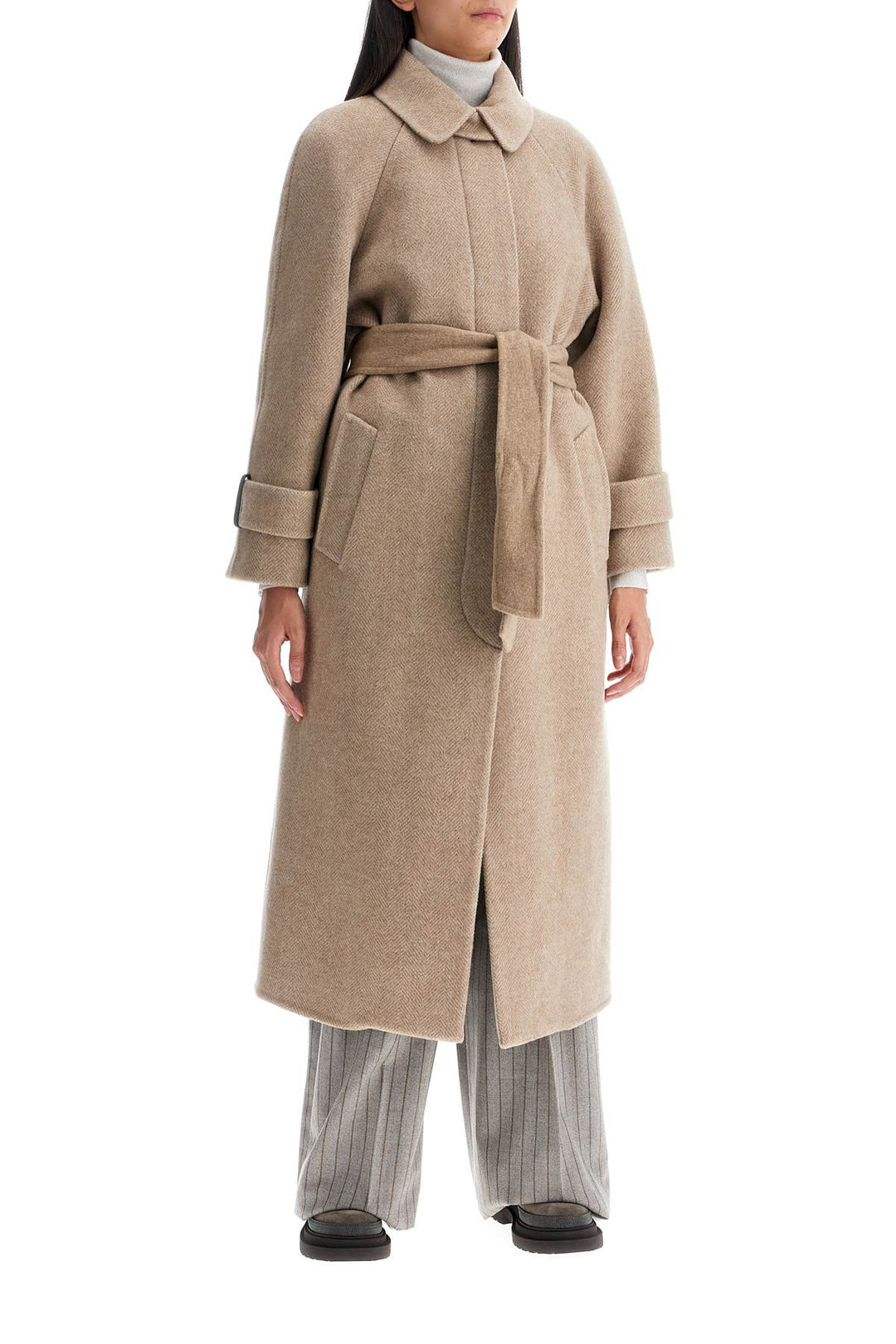 Brunello Cucinelli Wool And Cashmere Coat With Belt.   Beige