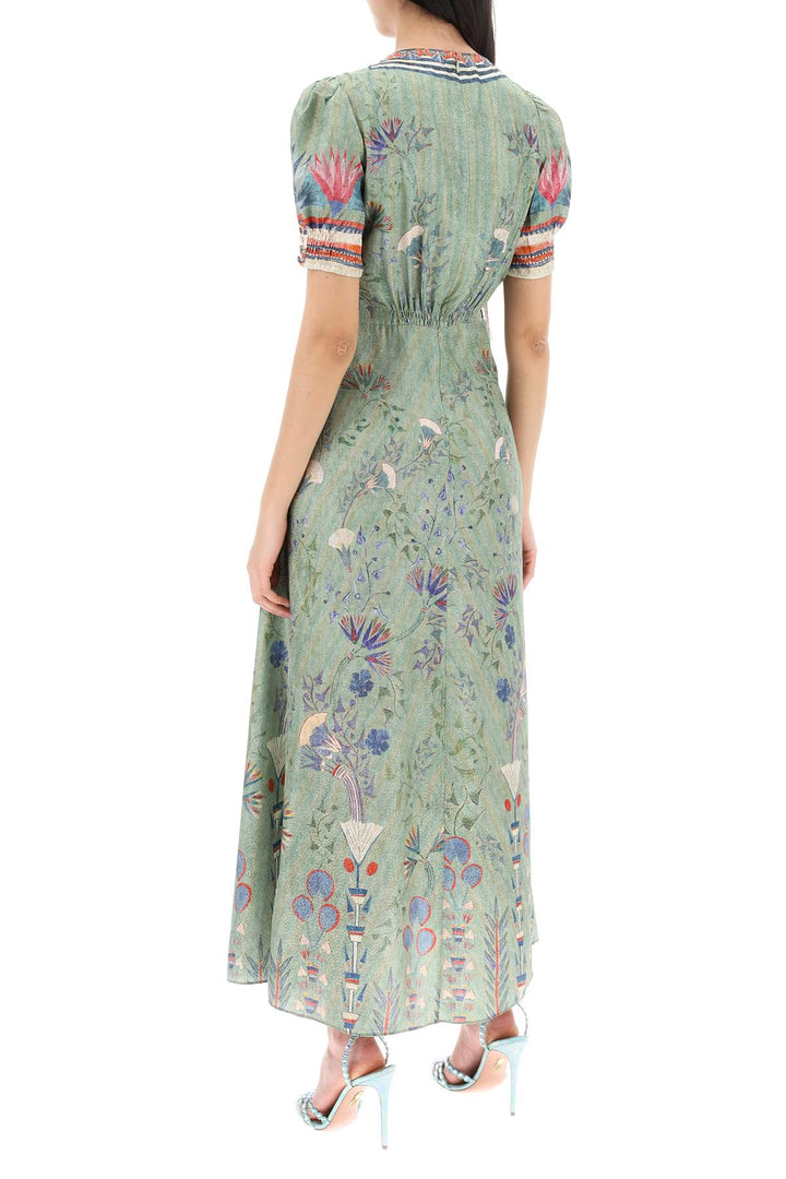 Saloni 'Lea' Long Dress In Printed Silk   Verde