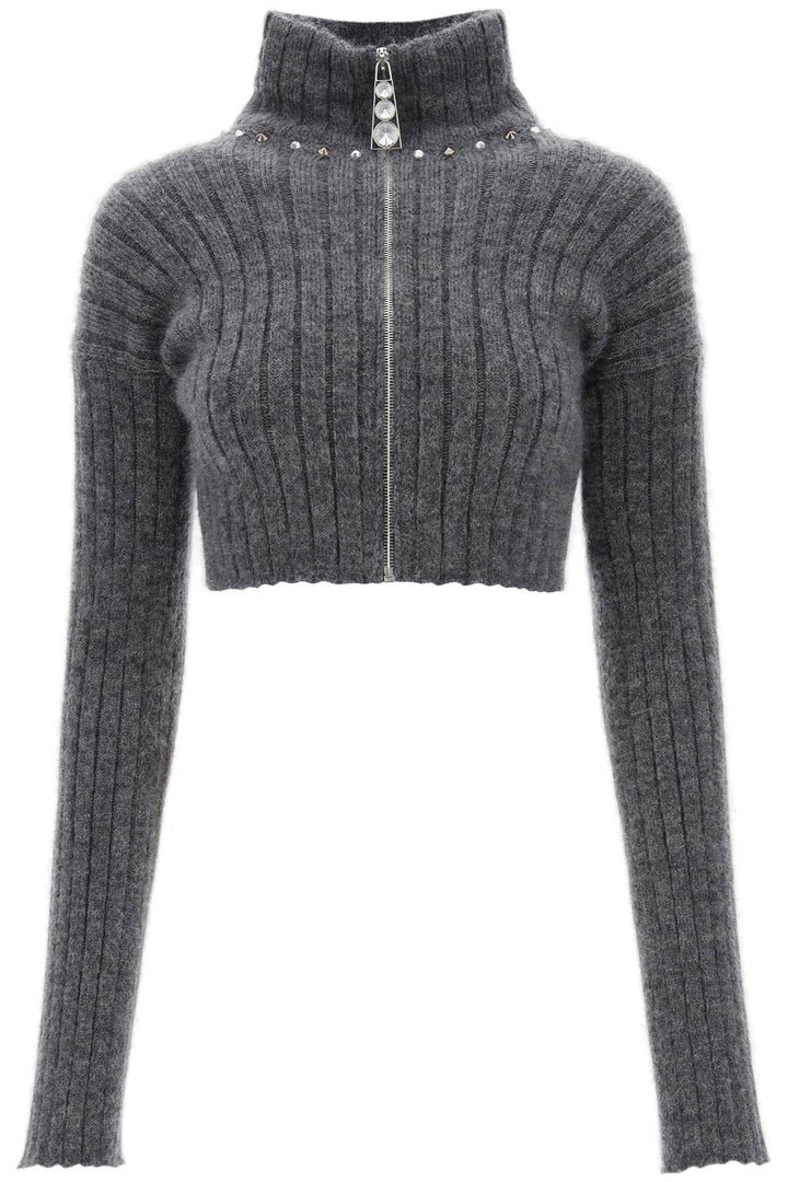 Alessandra Rich Cropped Cardigan With Zipper And Appliques   Grigio