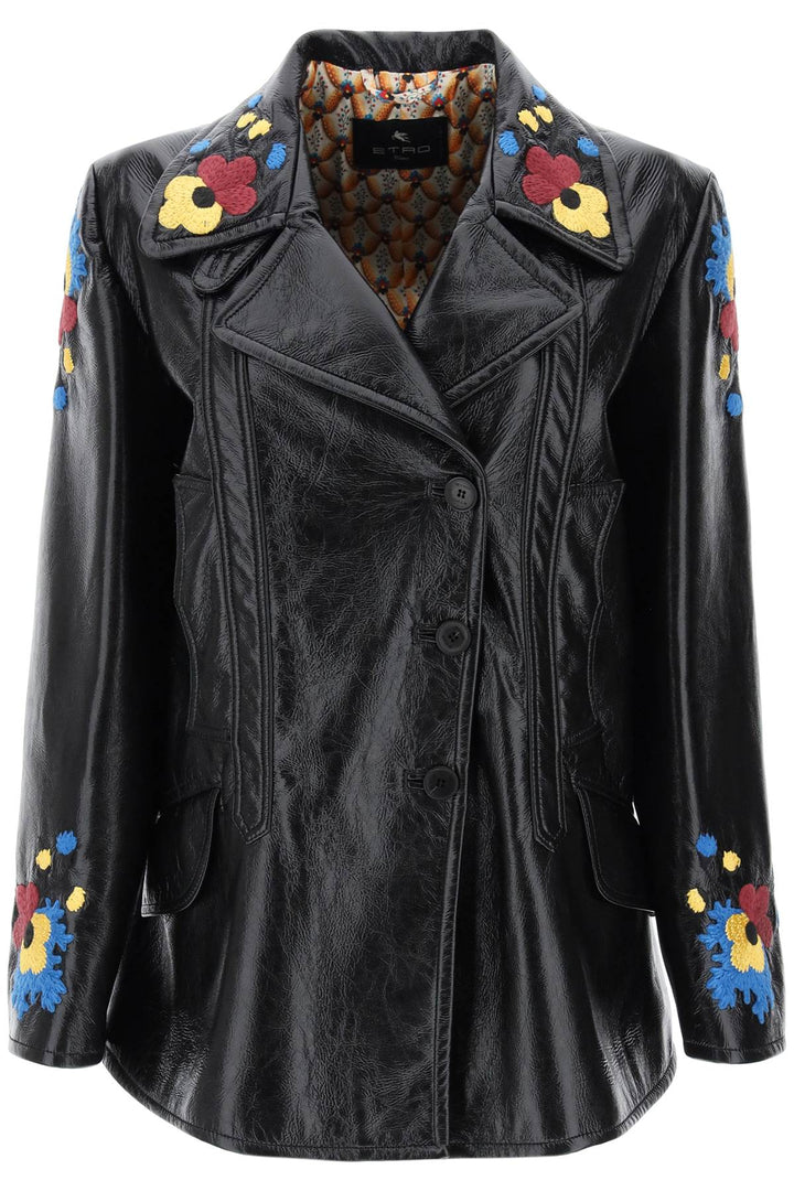 Etro Jacket In Patent Faux Leather With Floral Embroideries   Nero