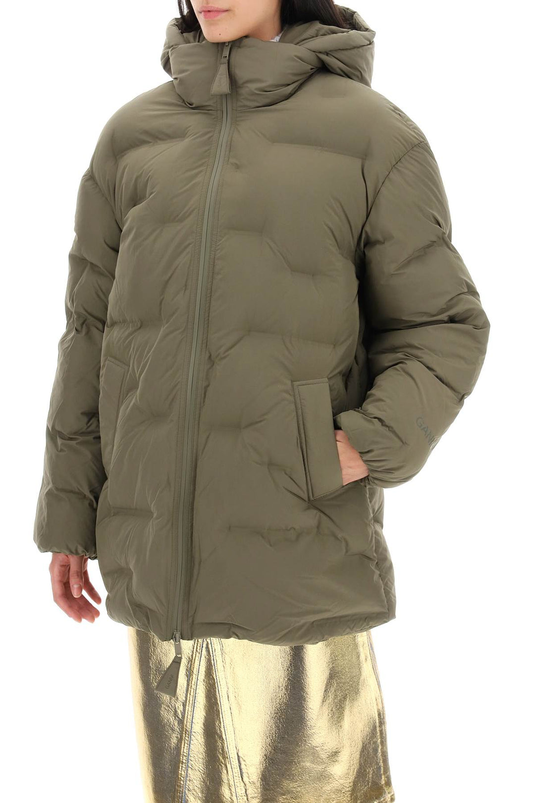 Ganni Midi Puffer Jacket With Detachable Hood   Verde