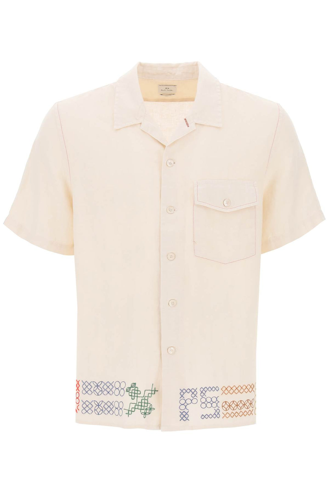 Ps Paul Smith Bowling Shirt With Cross Stitch Embroidery Details   Beige