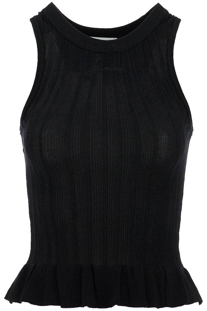 Ganni Ribbed Knit Tank Top With Spaghetti Straps   Black