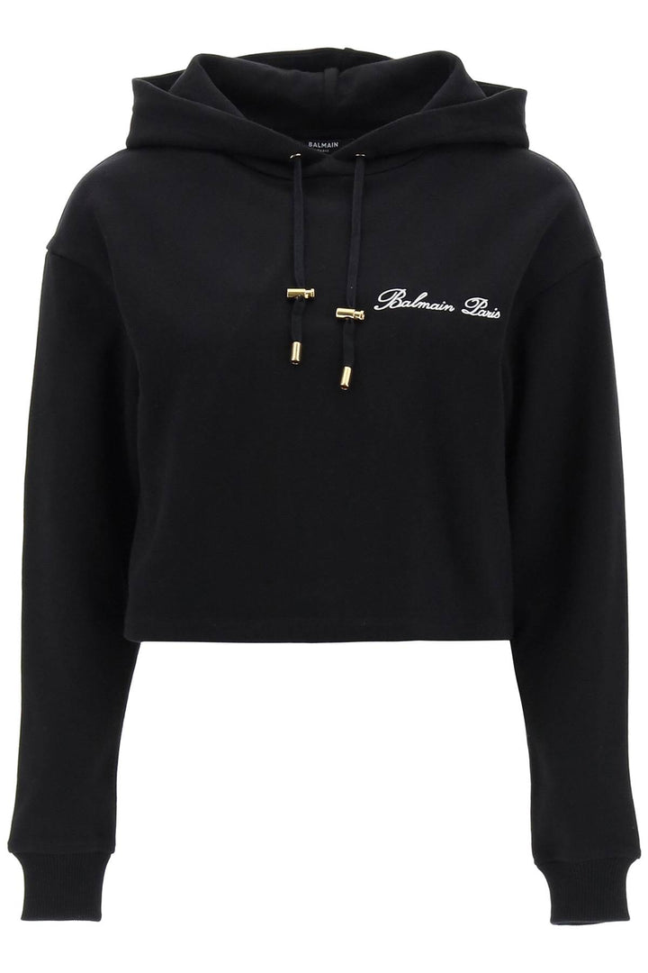 Balmain Cropped Hoodie With Logo Embroidery   Black
