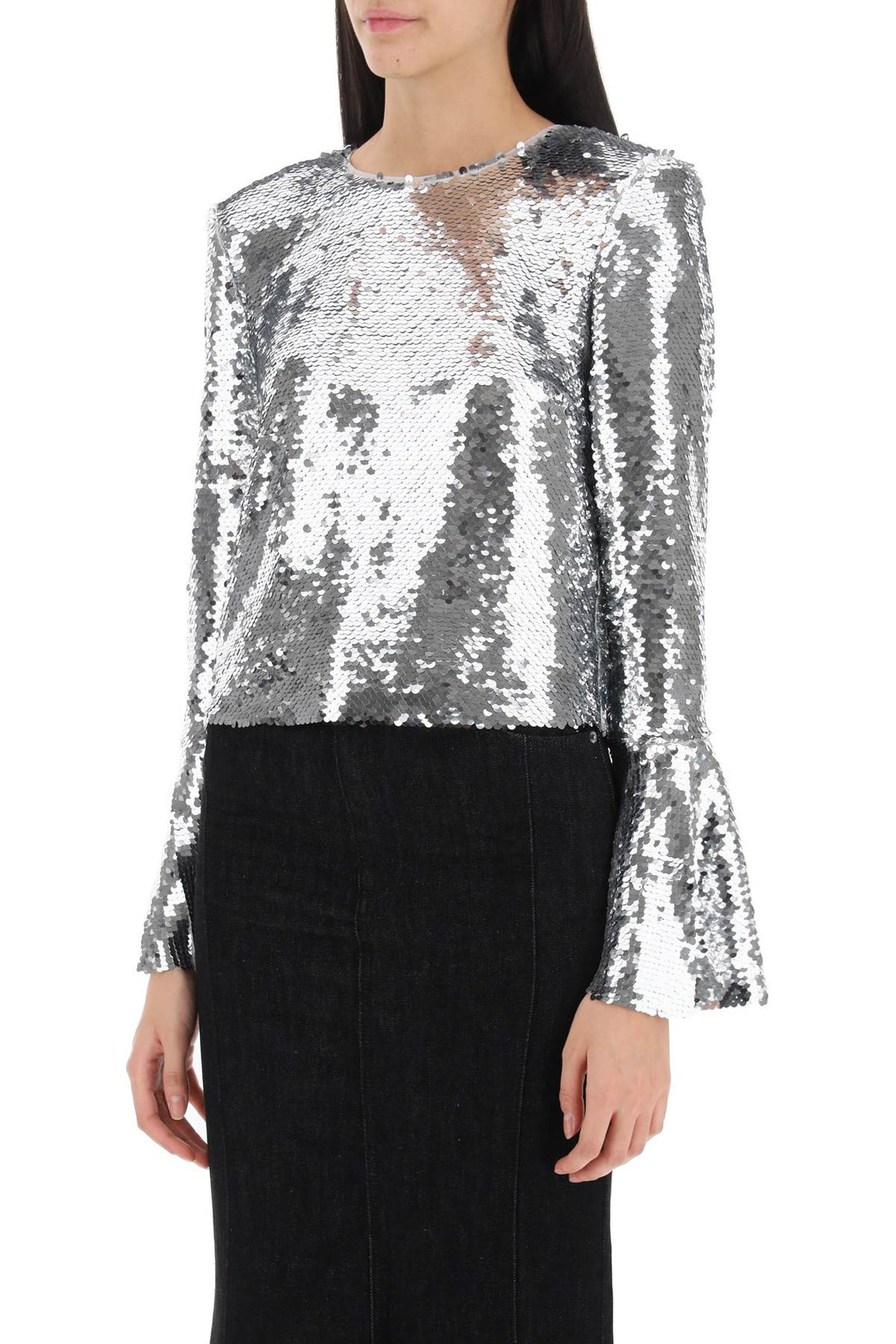Self Portrait Sequined Cropped Top   Argento