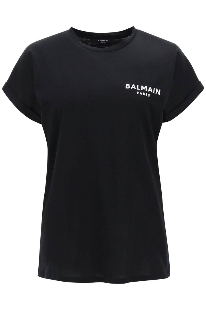 Balmain T Shirt With Flocked Logo Print   Black