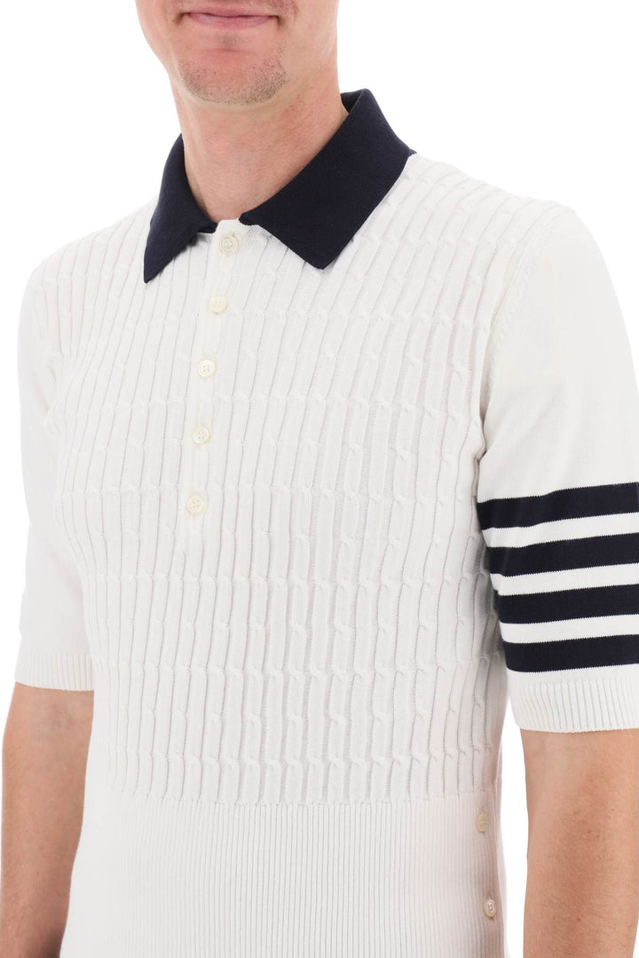 Thom Browne Placed Baby Cable 4 Bar Cotton Polo Sweater   White