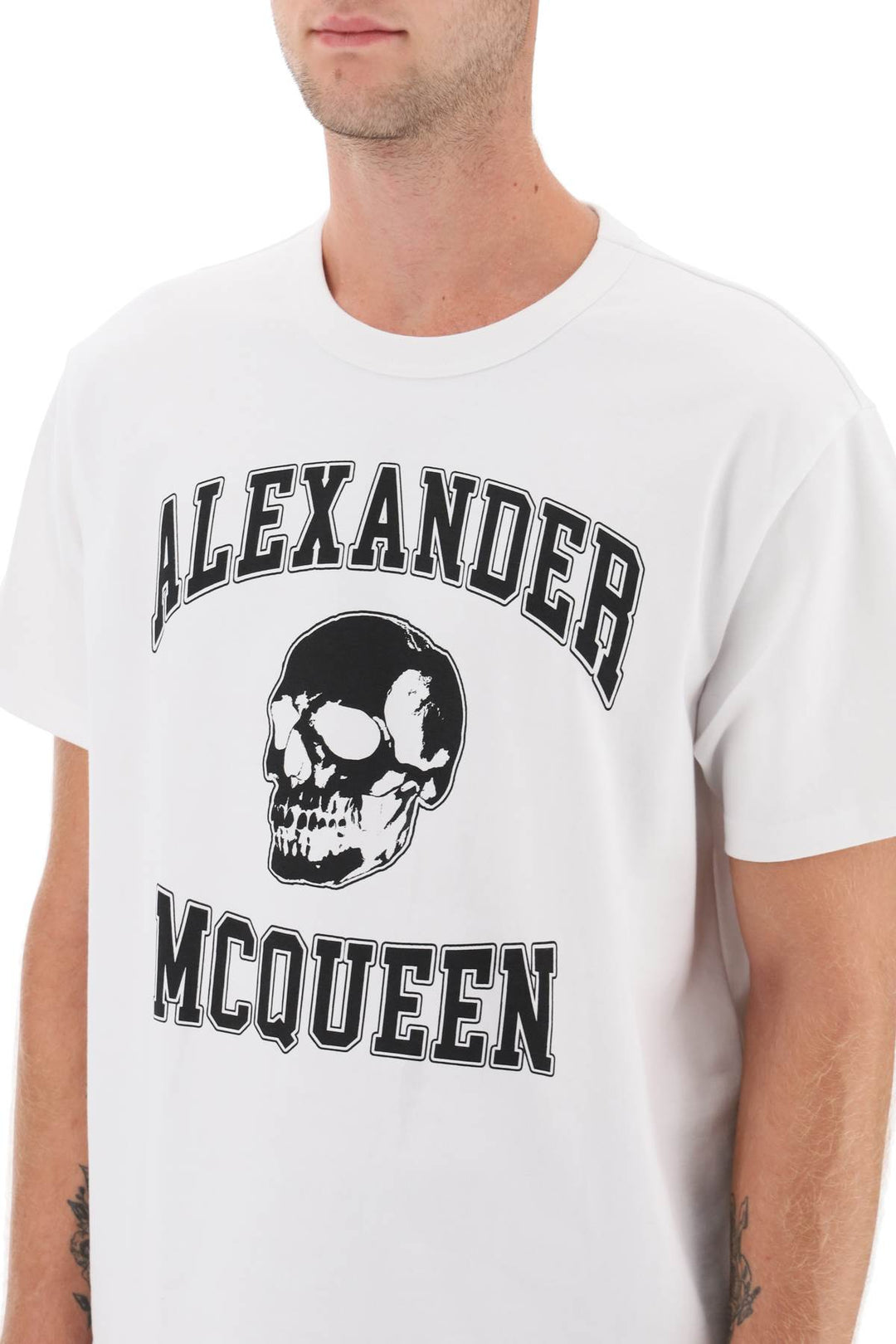 Alexander Mcqueen T Shirt With Varsity Logo And Skull Print   Bianco