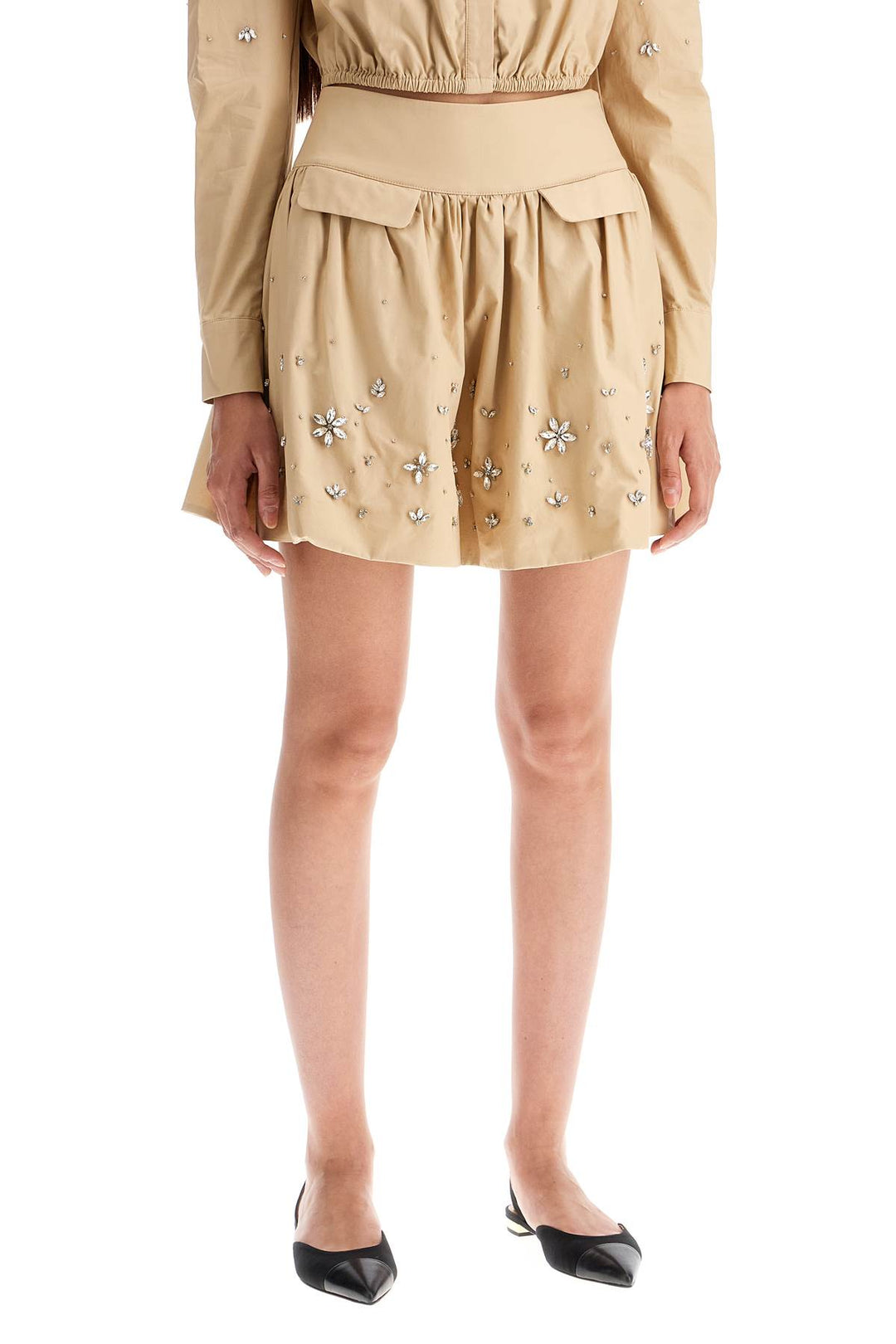 Self Portrait Poplin Mini Skirt With Crystal   Beige
