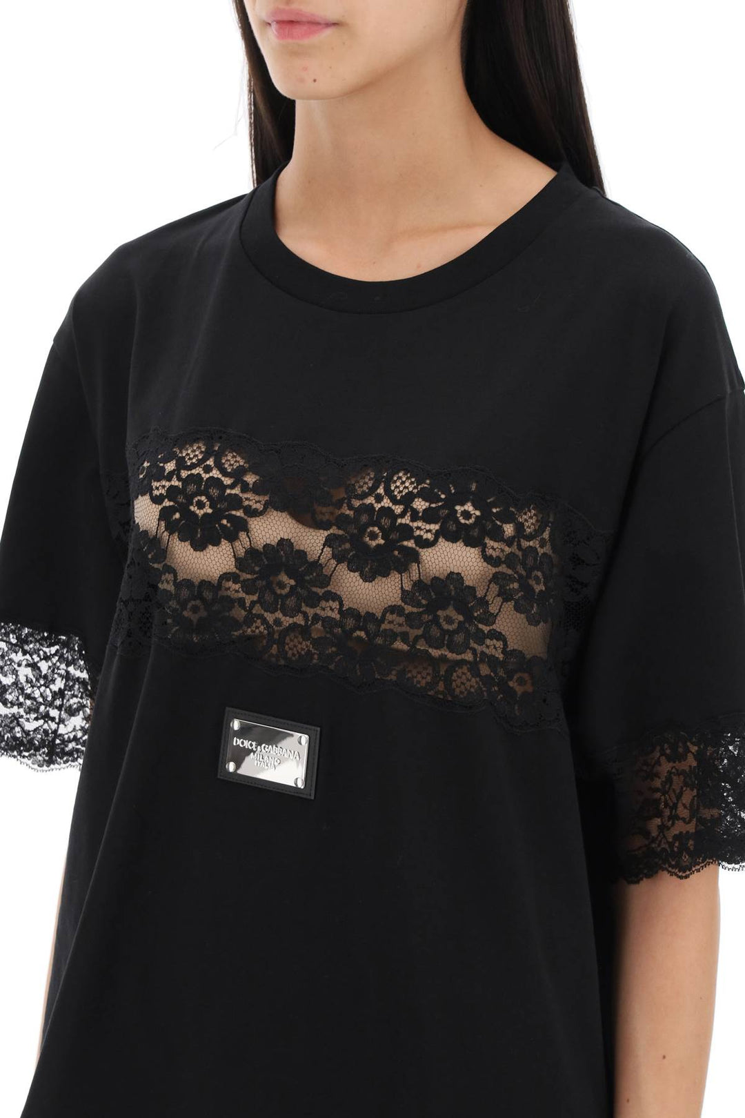 Dolce & Gabbana T Shirt With Lace Inserts   Nero