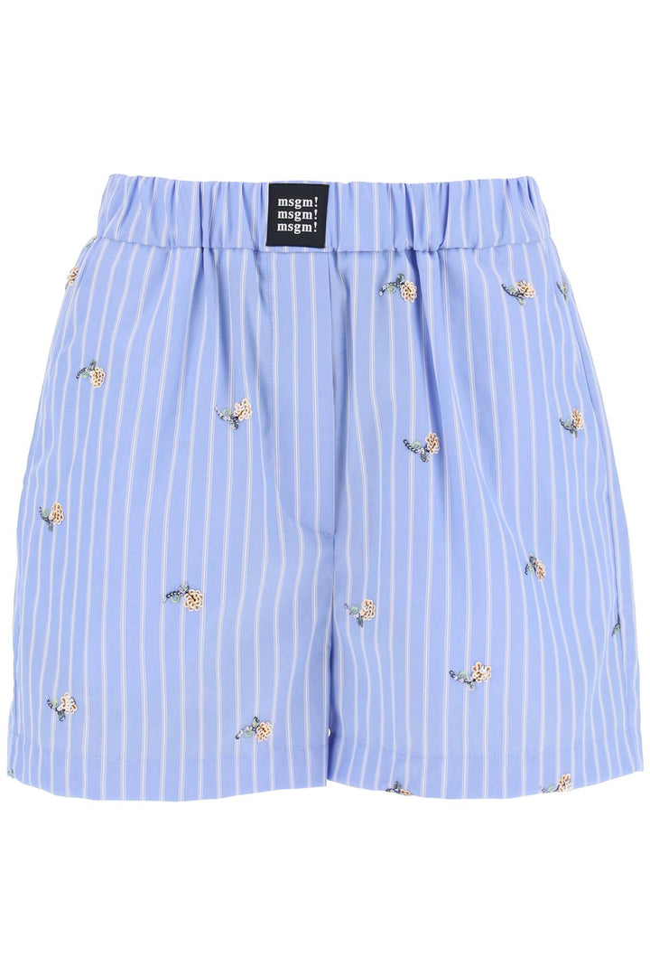 Msgm Striped Poplin Shorts With Sequin Flowers   Bianco