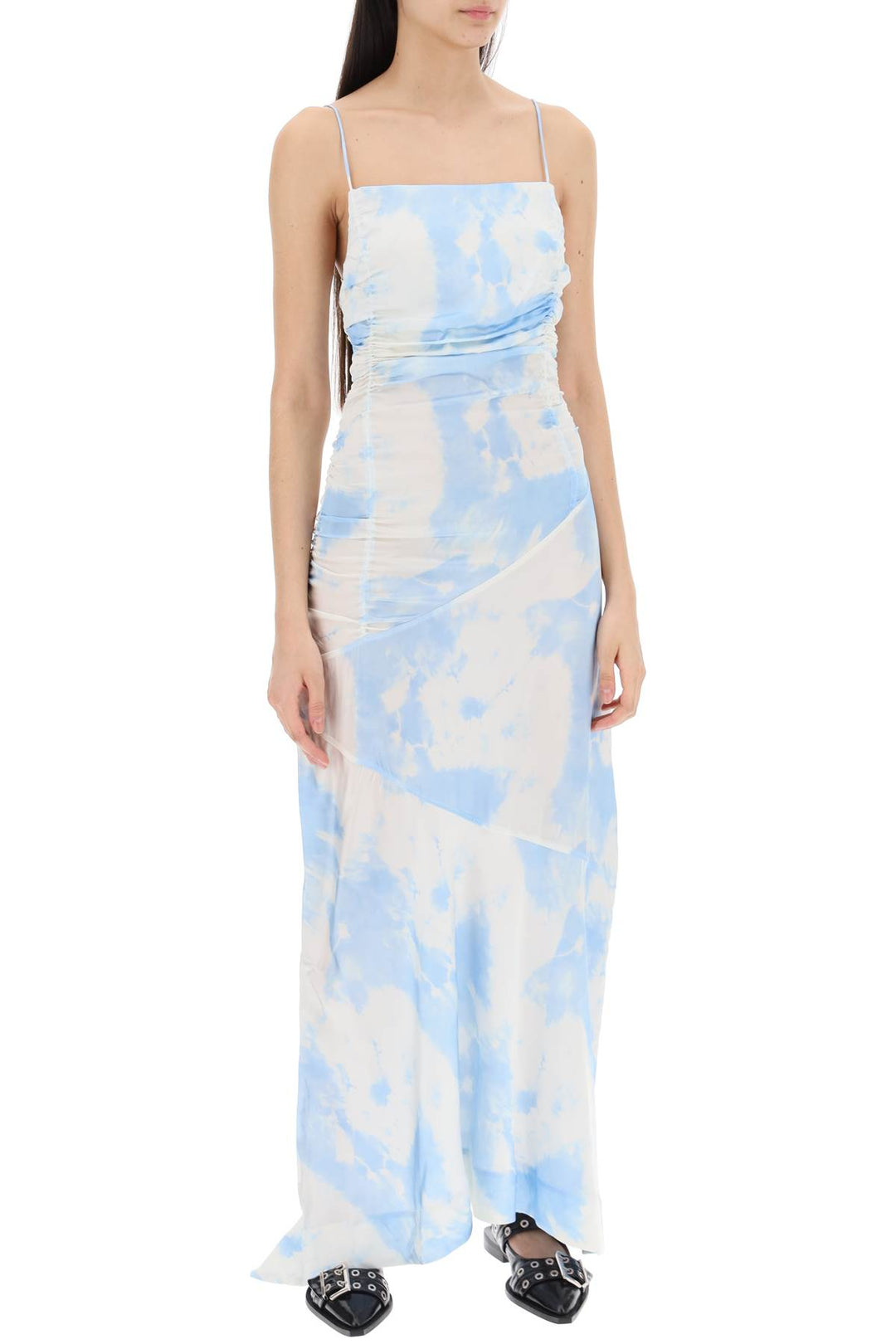 Ganni maxi printed tie-dye satin dress with r