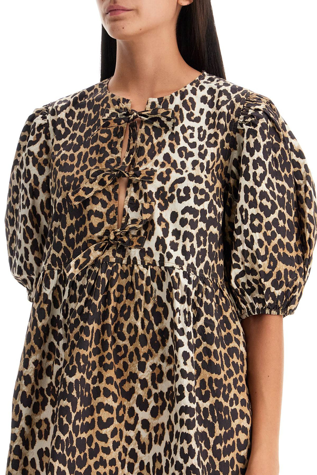 Ganni Leopard Tie String Poplin Mini Dress