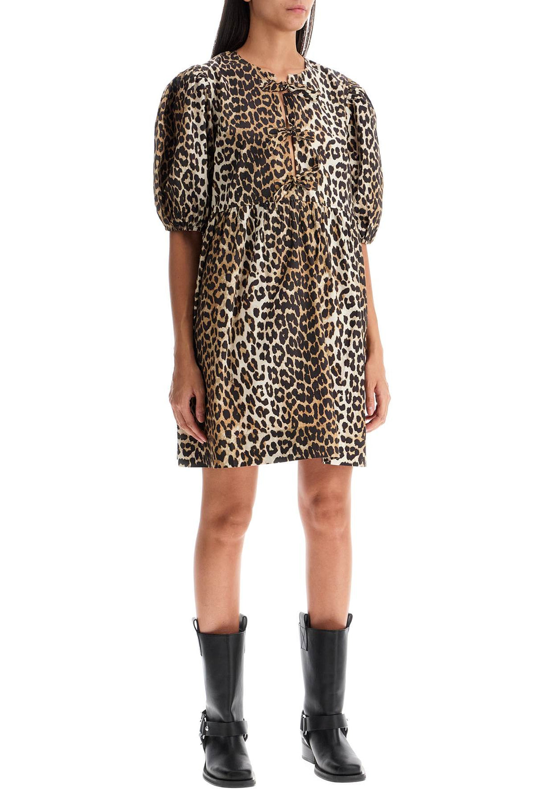 Ganni Leopard Tie String Poplin Mini Dress