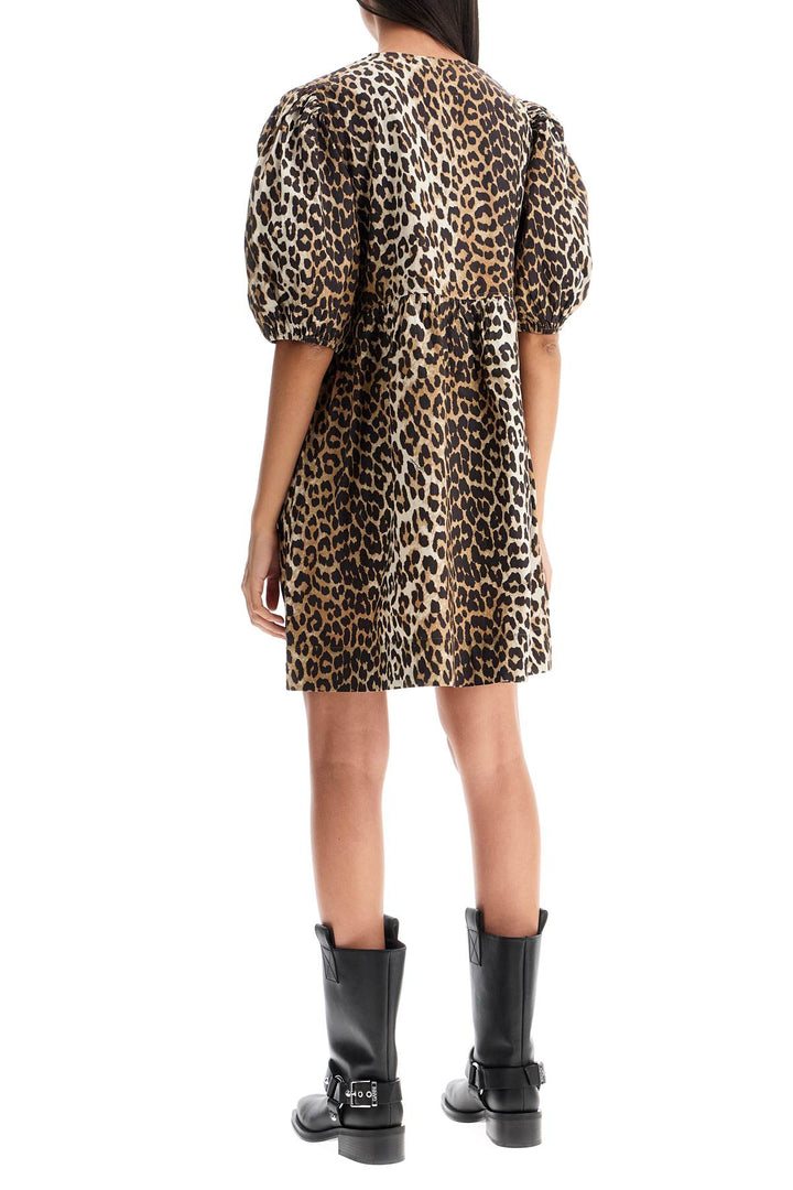 Ganni Leopard Tie String Poplin Mini Dress