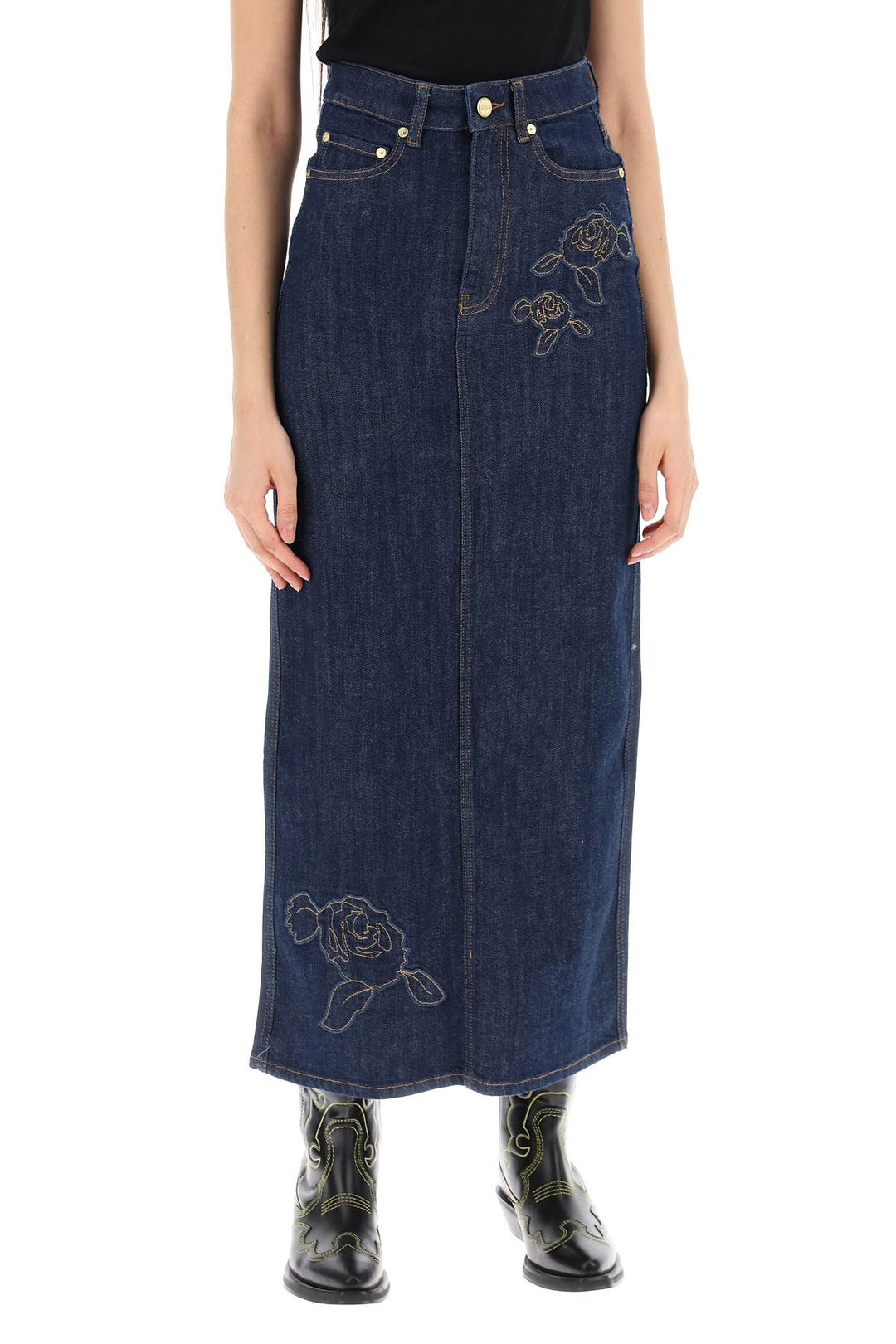 Ganni maxi denim skirt with pink embroidery