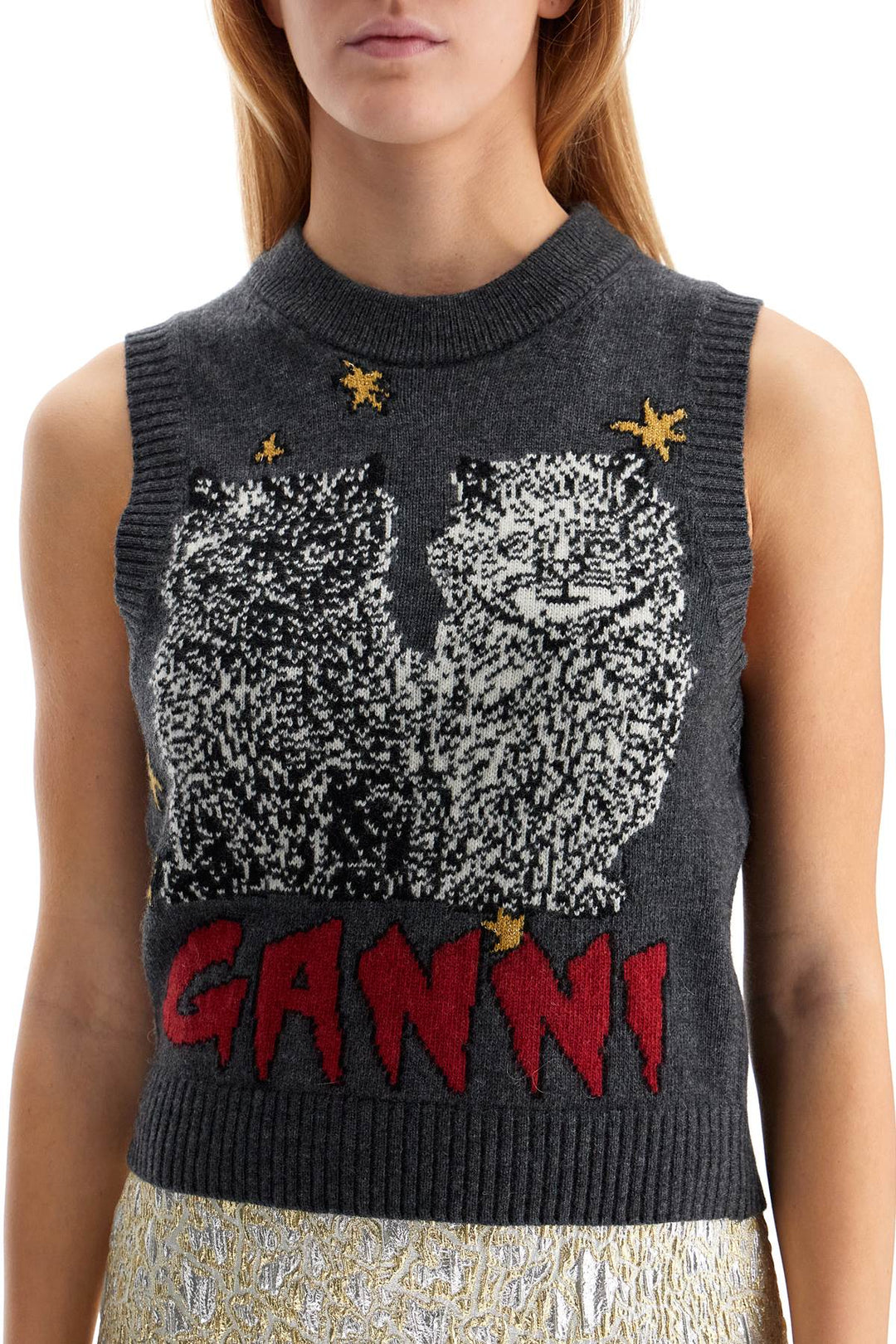 Ganni graphic cats knit vest