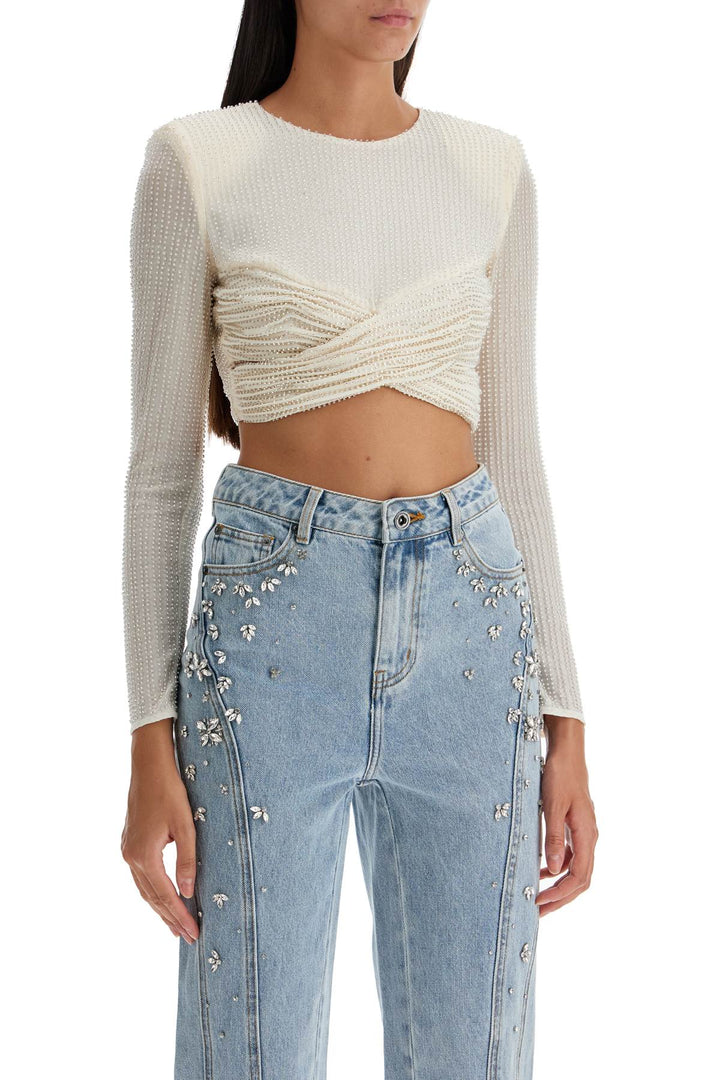 Self-Portrait mesh crop beaded top