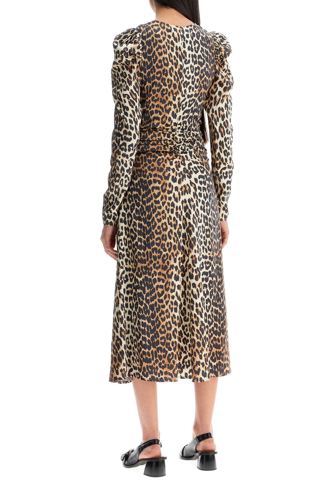 Ganni Leopard Print Satin Midi Dress