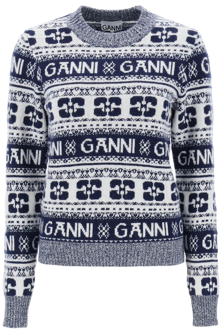Ganni Jacquard Wool Sweater With Logo Pattern   White