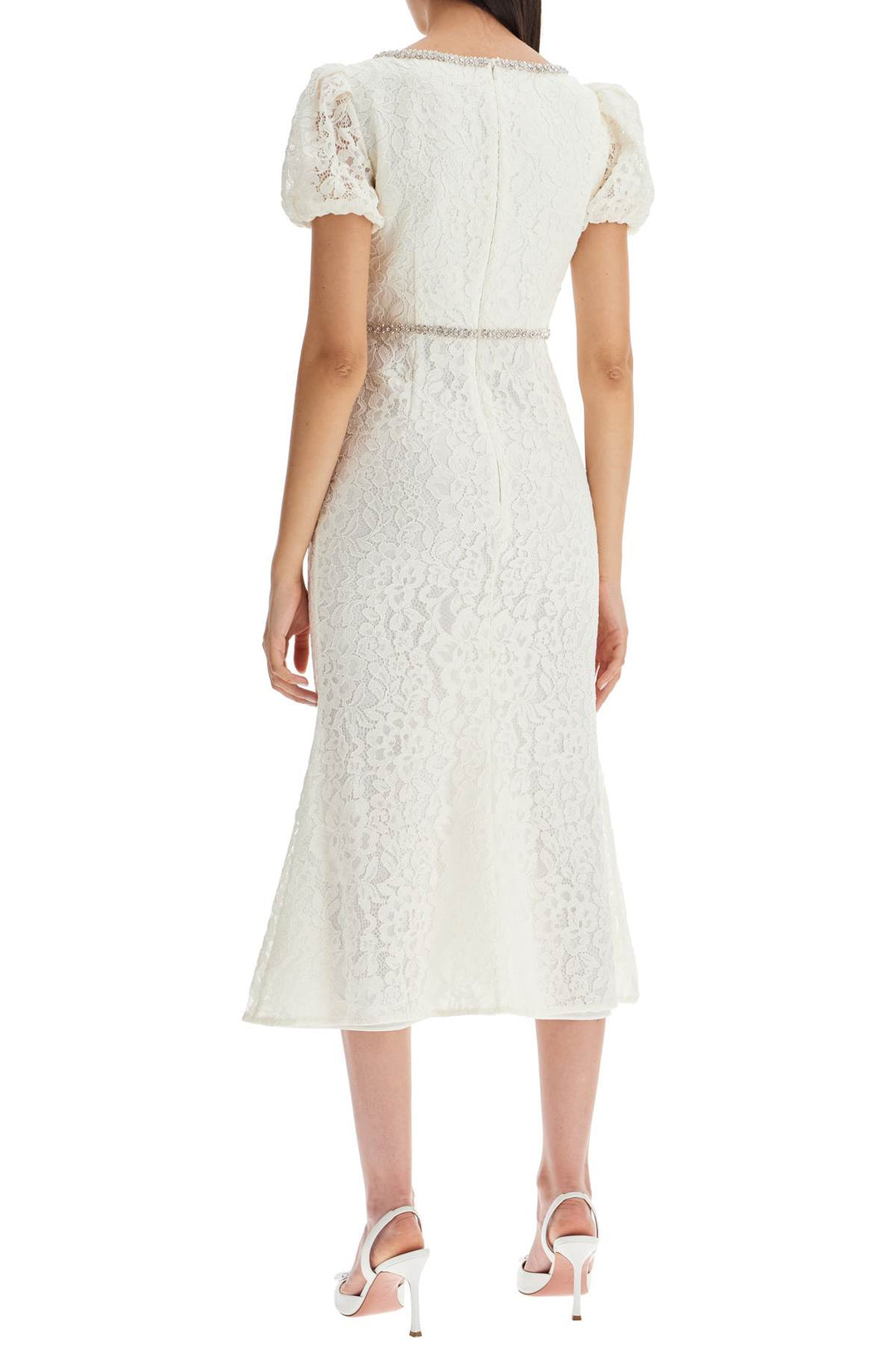 Self Portrait Floral Lace Midi Dress With Crystal Embell   White