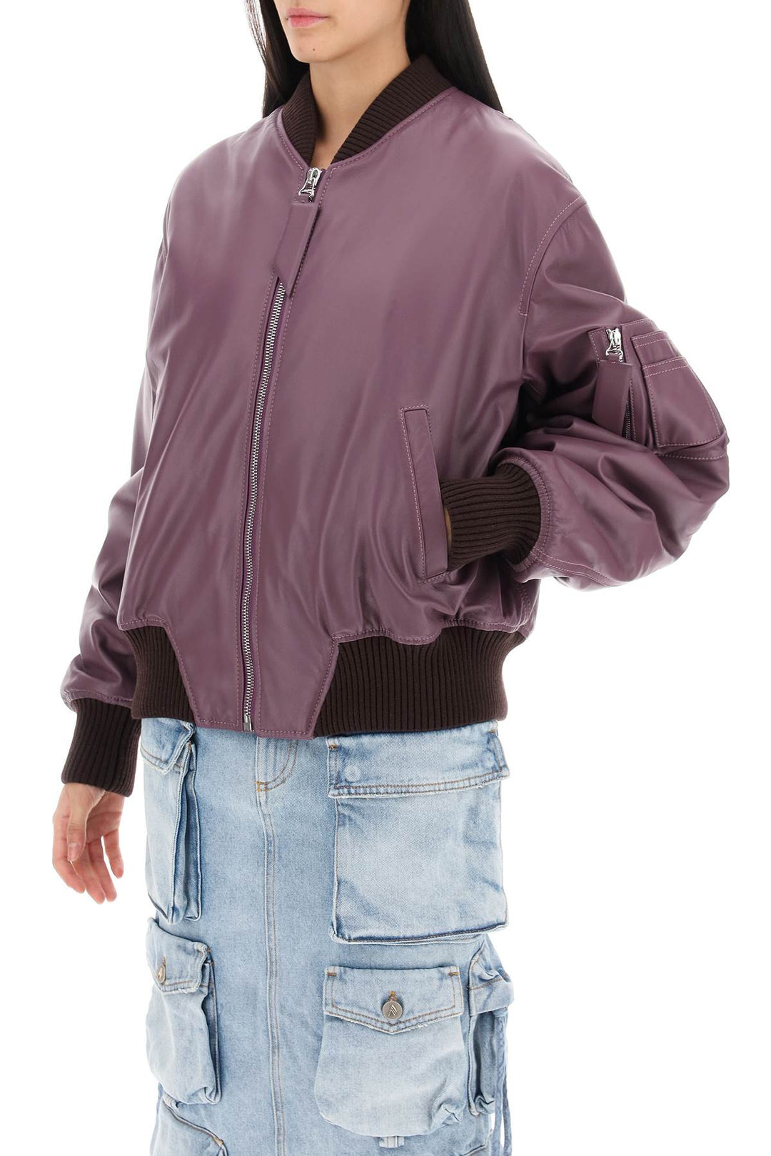 The Attico Anja Leather Bomber Jacket   Purple