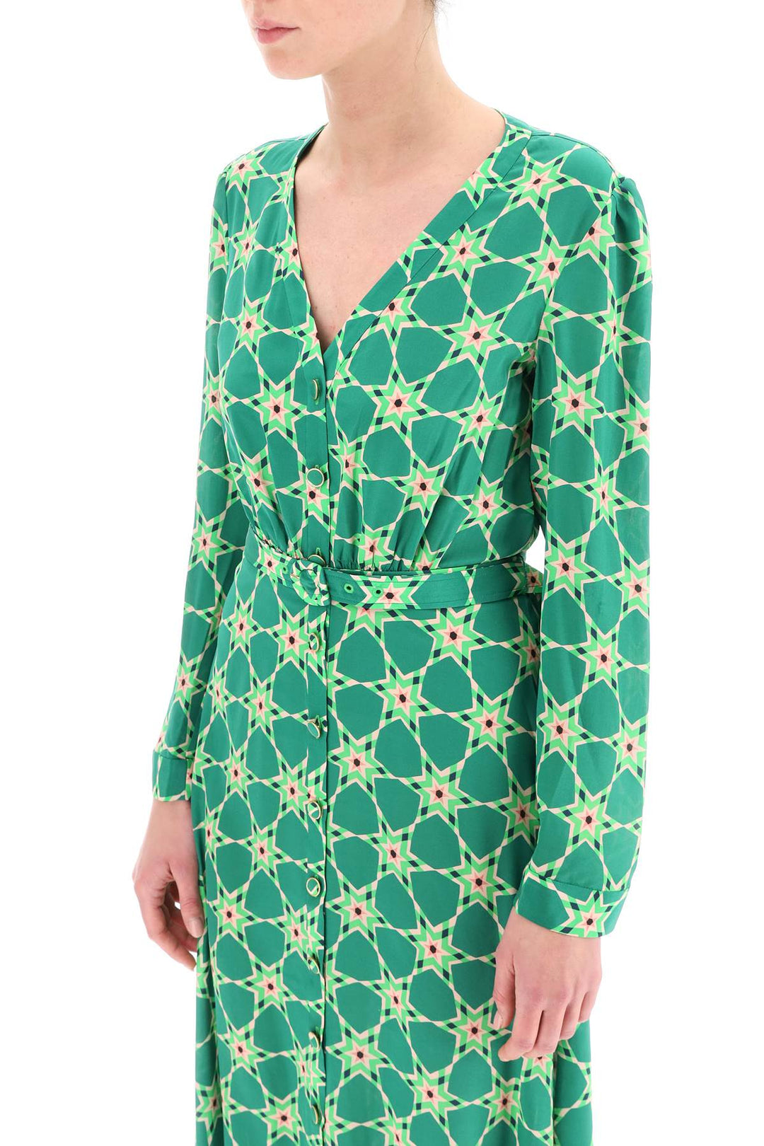 Saloni 'Lea' Long Shirt Dress In Silk Crepe   Verde