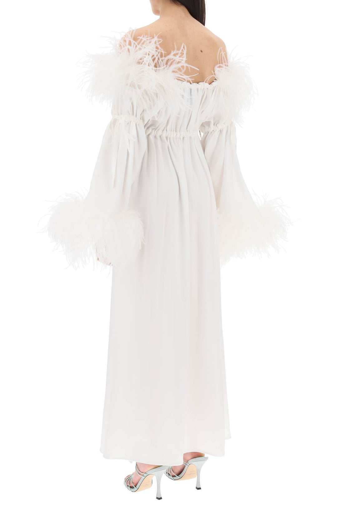 Art Dealer 'Bettina' Maxi Dress In Satin With Feathers   Bianco