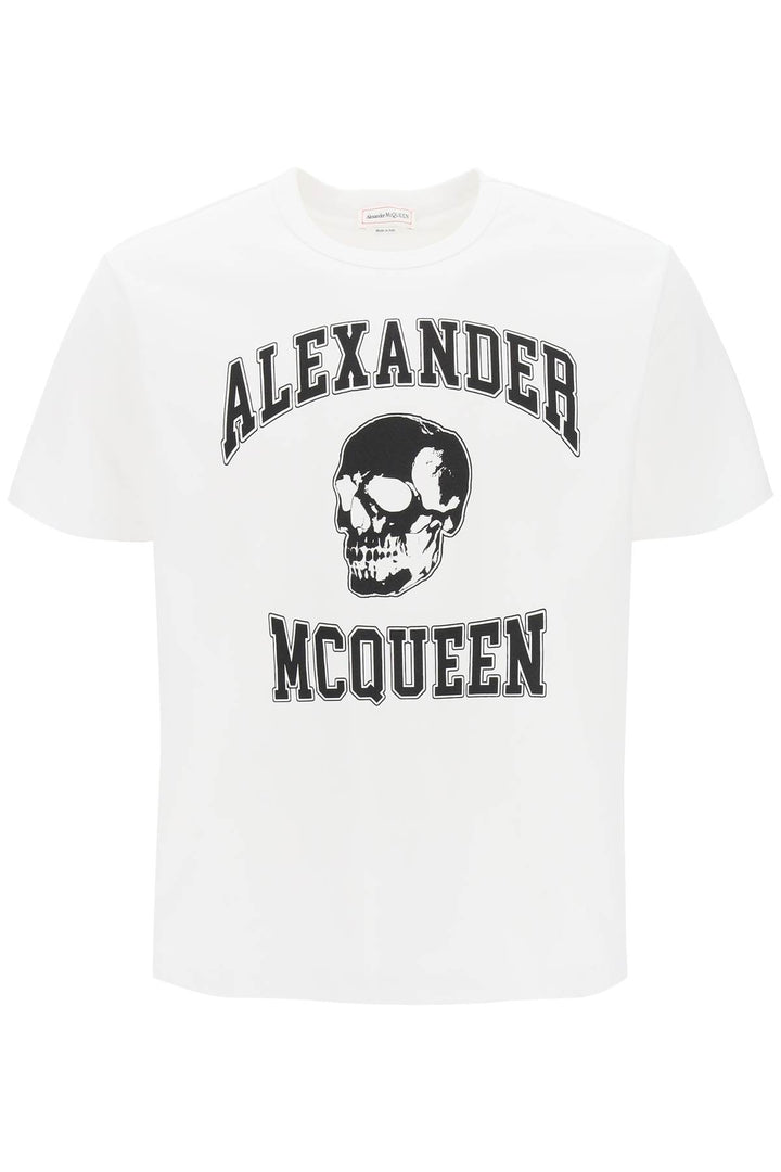 Alexander Mcqueen T Shirt With Varsity Logo And Skull Print   White