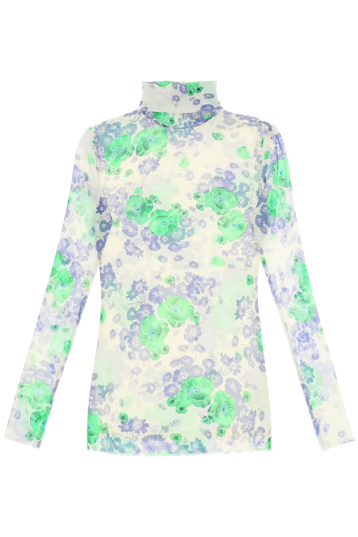 Ganni Long Sleeved Top In Mesh With Floral Pattern   White