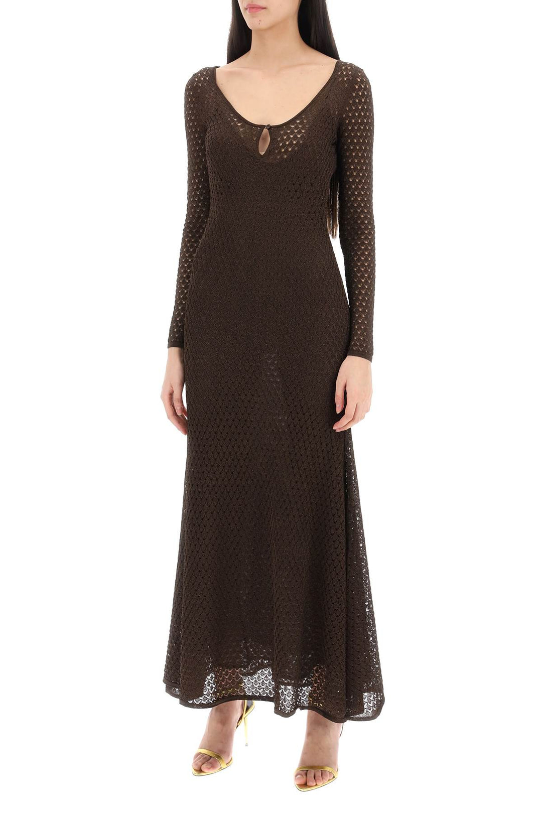 Tom Ford Long Knitted Lurex Perforated Dress   Brown
