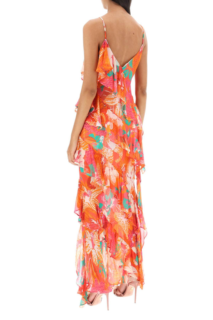 Msgm Maxi Frilled Dress With Tropical Motif   Multicolor