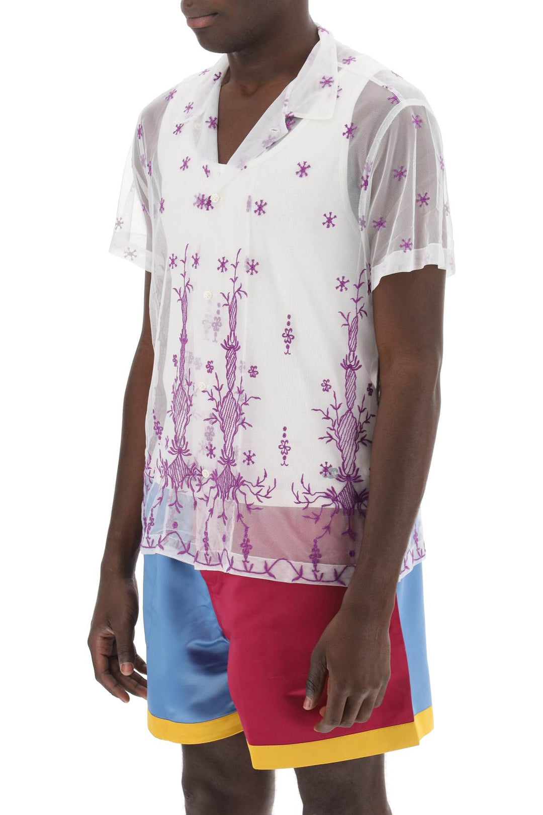 Bode Lavandula Bowling Shirt In Embroidered Tulle   Bianco