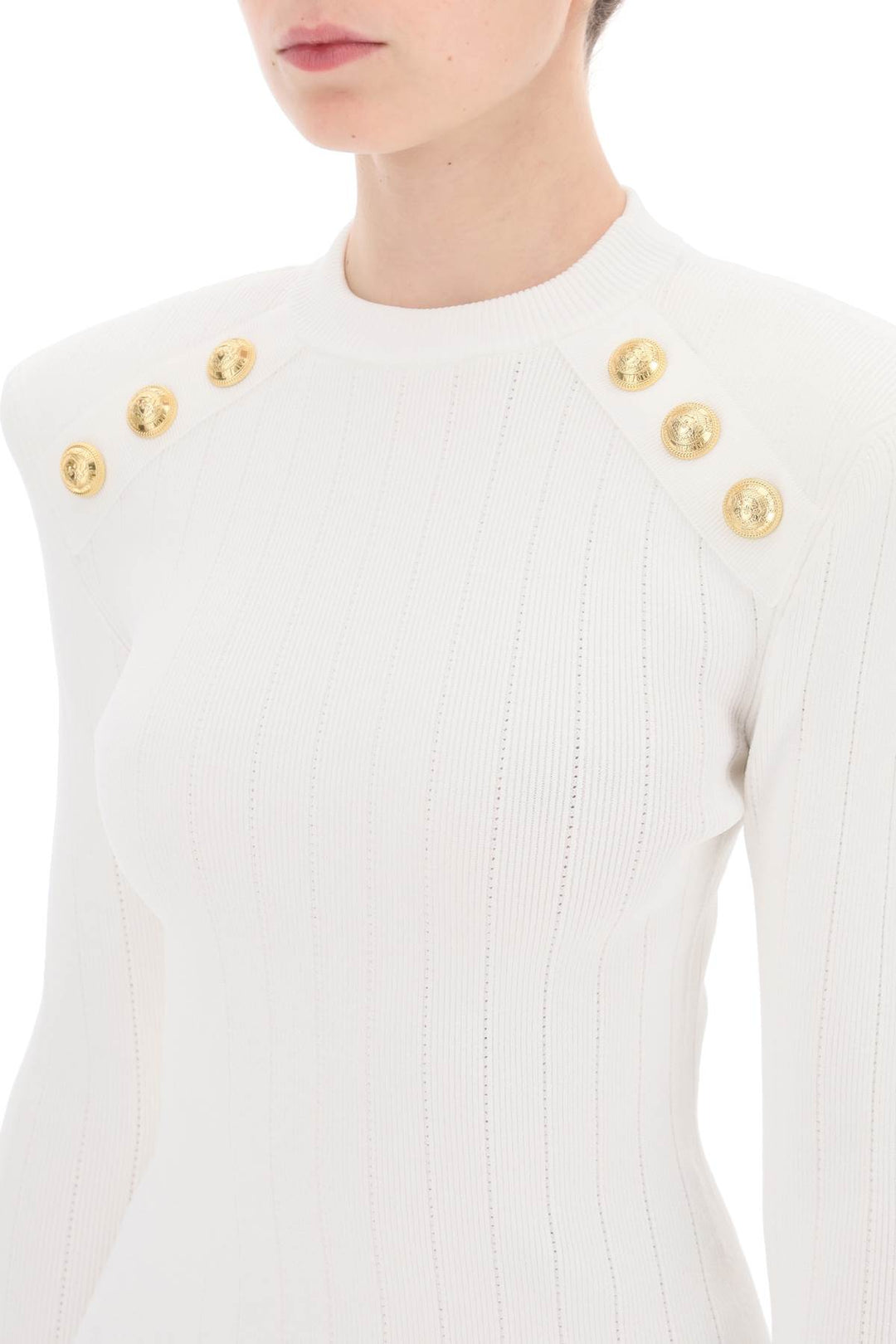 Balmain Crew Neck Sweater With Buttons   White