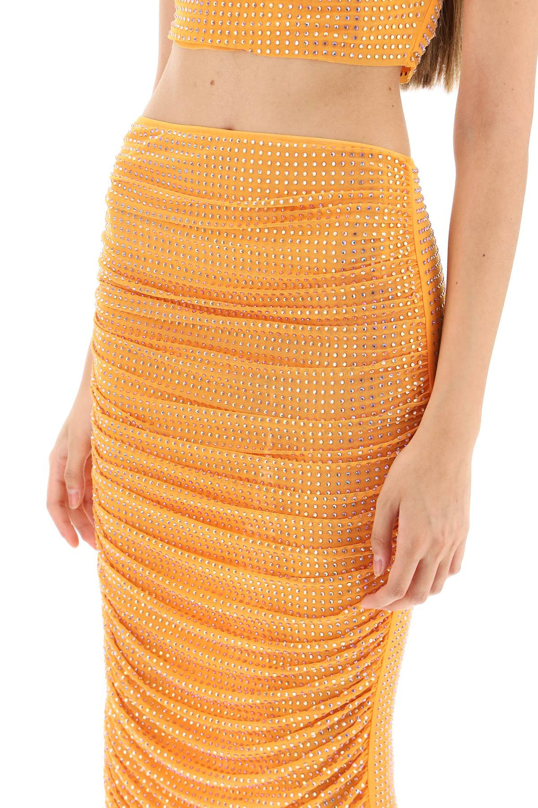 Self Portrait Draped Pencil Skirt With Rhinestones   Arancio