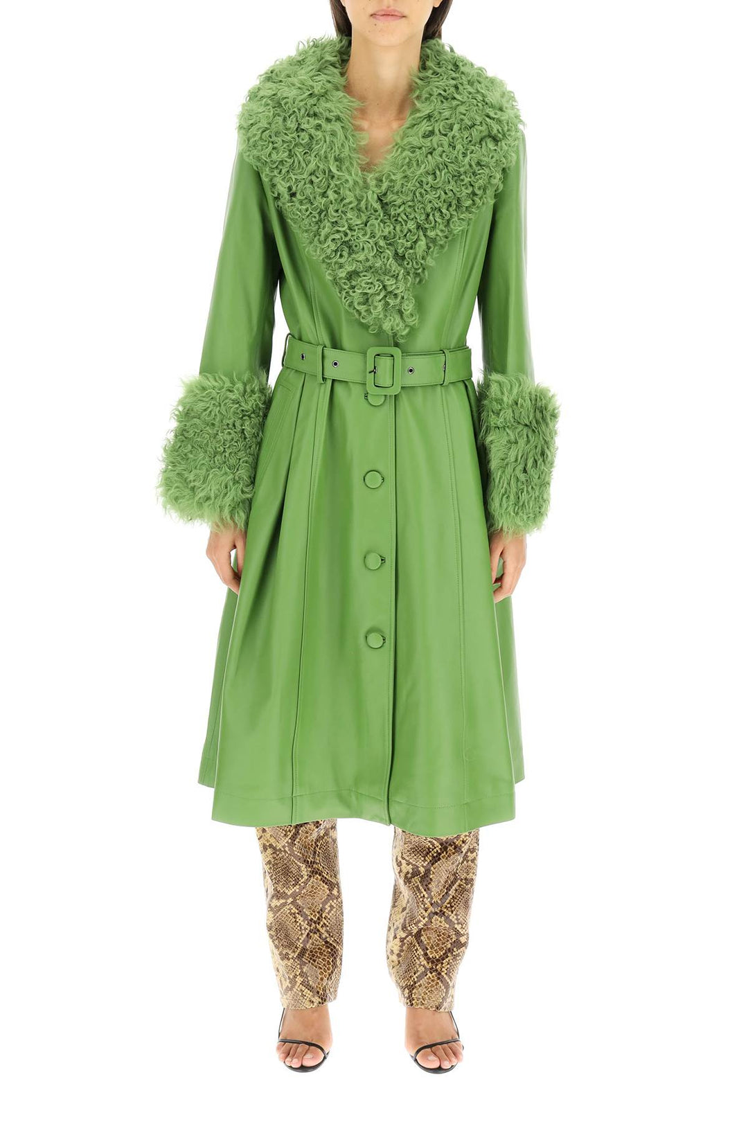 Saks Potts Foxy Leather And Shearling Long Coat   Verde
