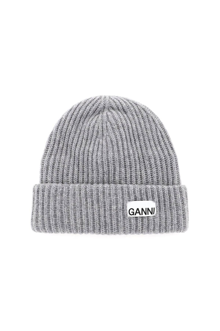 Ganni Beanie Hat With Logo Patch   Grey