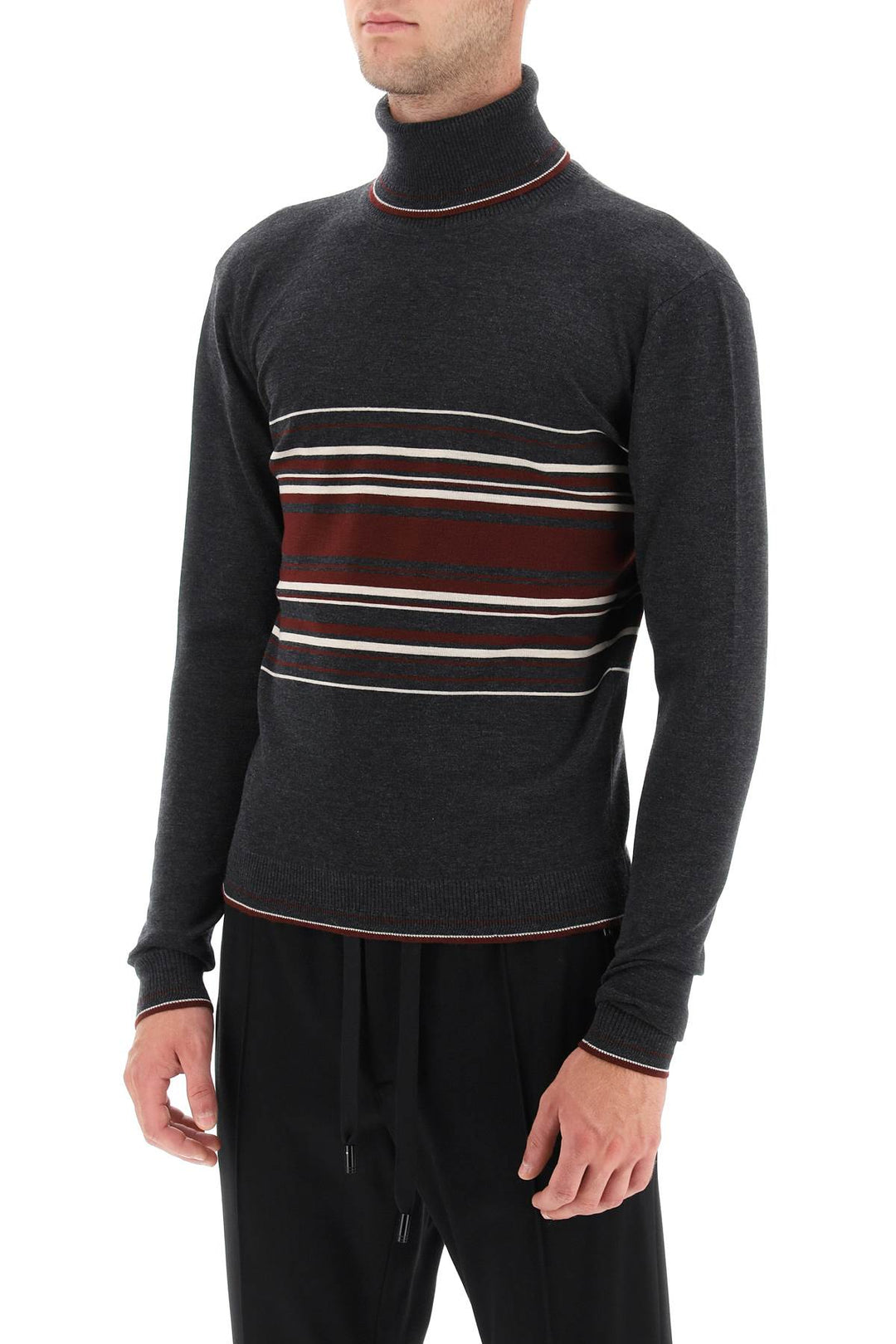 Dolce & Gabbana Striped Wool Turtleneck Sweater   Grigio
