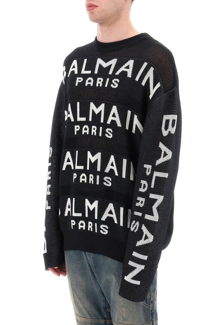 Balmain Cotton Pullover With All Over Logo   Black