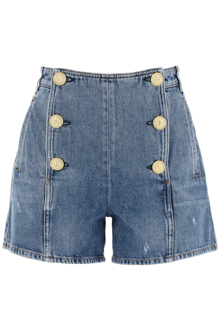 Balmain Striped Denim Shorts With Embossed Buttons   Light Blue