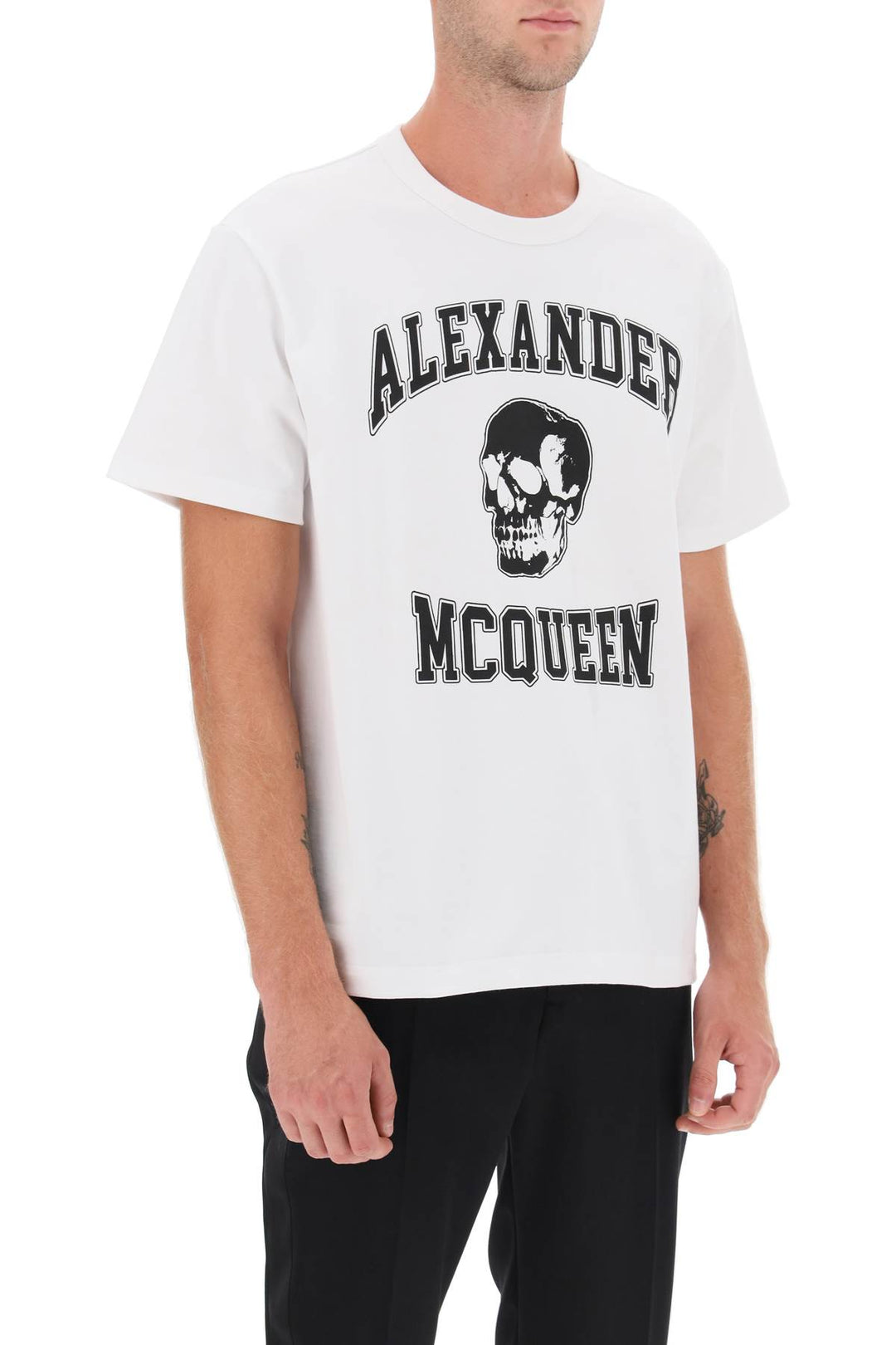 Alexander Mcqueen T Shirt With Varsity Logo And Skull Print   Bianco