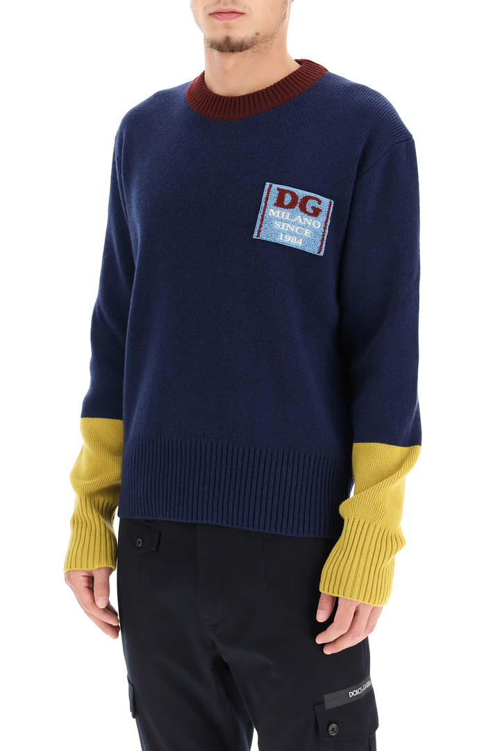 Dolce & Gabbana Wool Sweater With Logo Patch   Blue